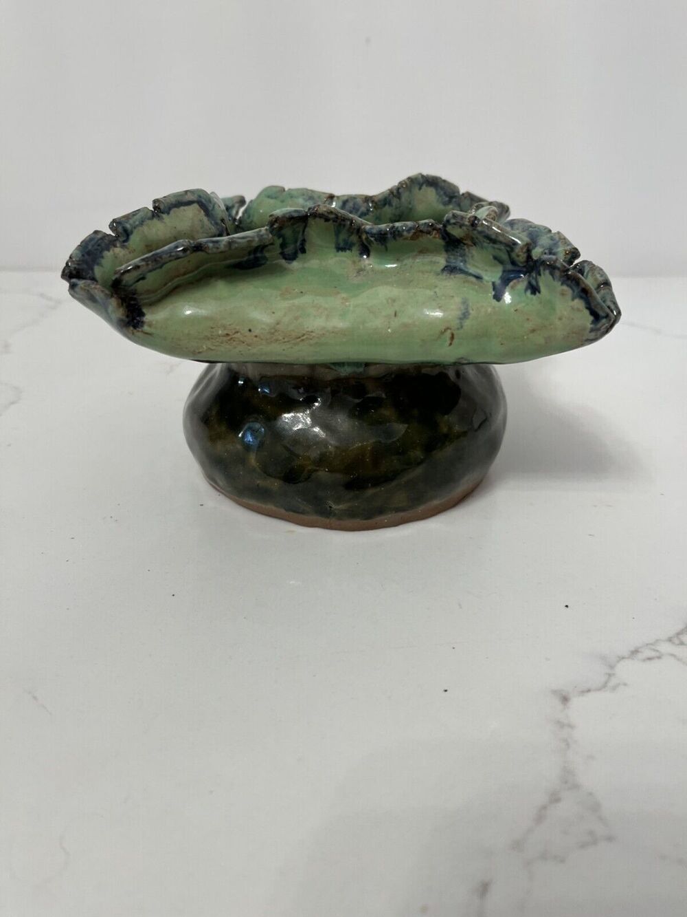 Candleholder Ceramic Studio Art Signed Green Ruffled Boho Avant Garde Rustic
